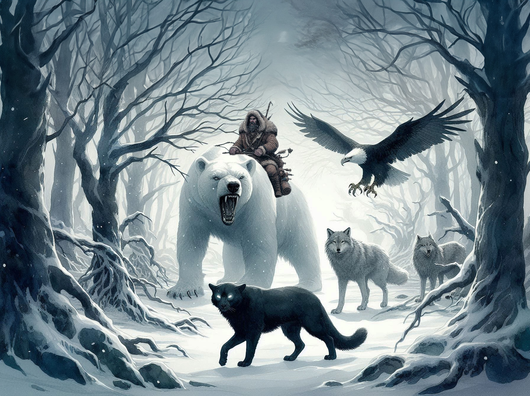 Varamyr Sixskins with his six beasts - wolves, an eagle, a shadowcat and a bear