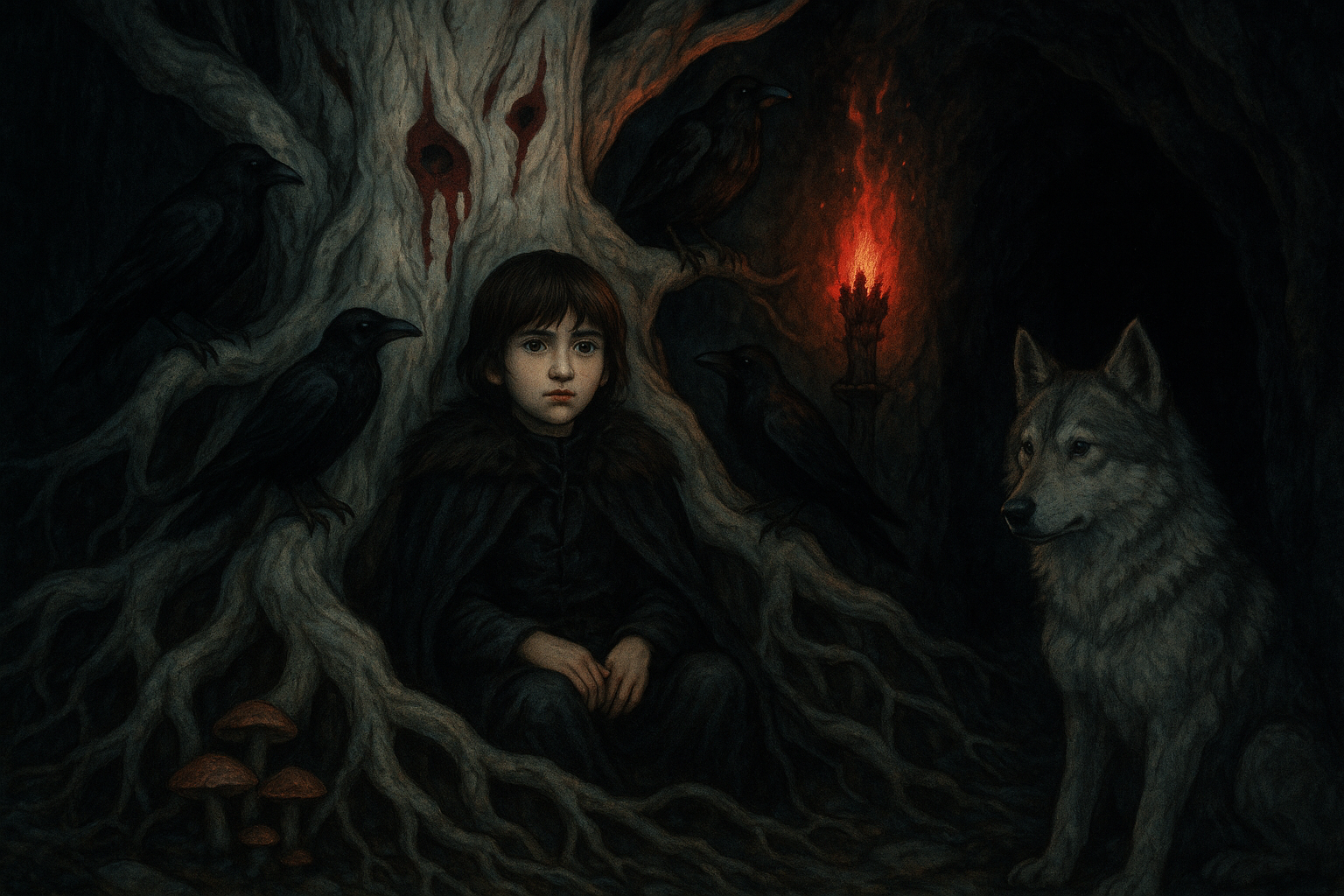 Bran within the weirwood roots surrounded by ravens and a torch glowing in the background.