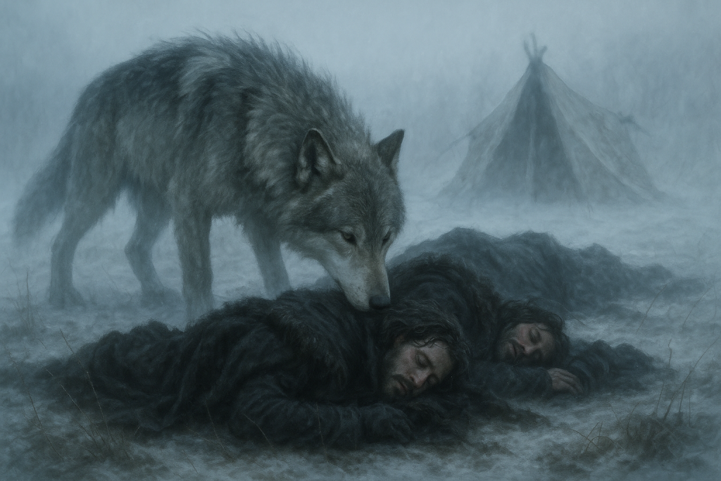 Direwolf Summer sniffing the Night's Watch mutineers lying on the ground. 