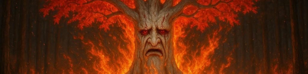Weirwood in flames with a terrible face