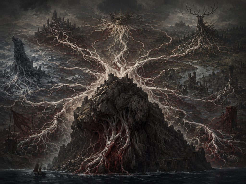 Weirwood roots emerging from Casterly Rock, ensnaring and infiltrating Westeros.