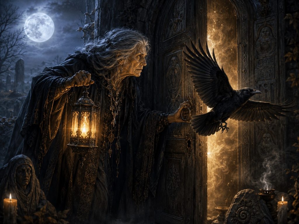 The Crone, holding a lamp peering through a door while a raven flies out.