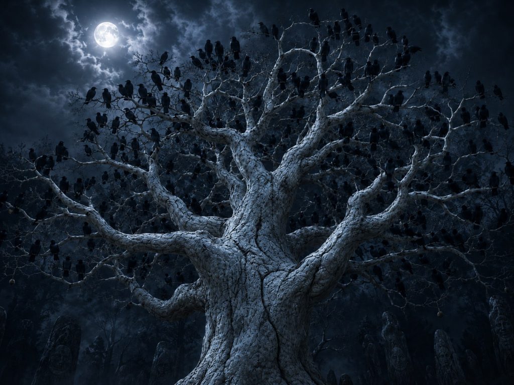 Raventree weirwood with its branches covered in ravens