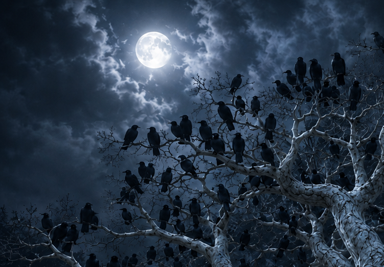 Raventree weirwood at night, filled with ravens