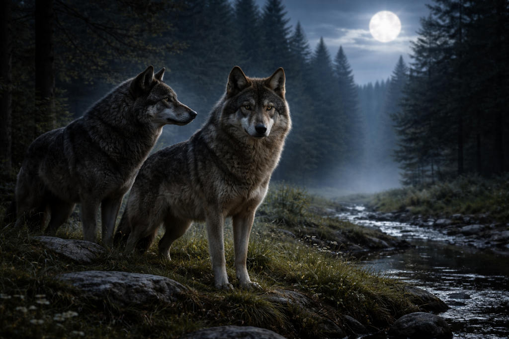 A pair of wolves by a stream at night, a full moon in the sky